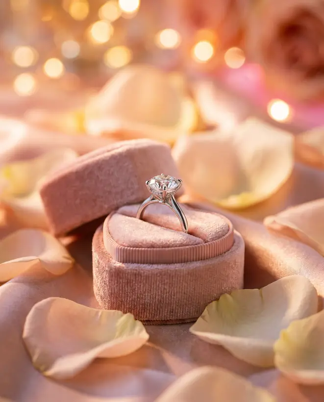A ring resting in an open velvet box among rose petals